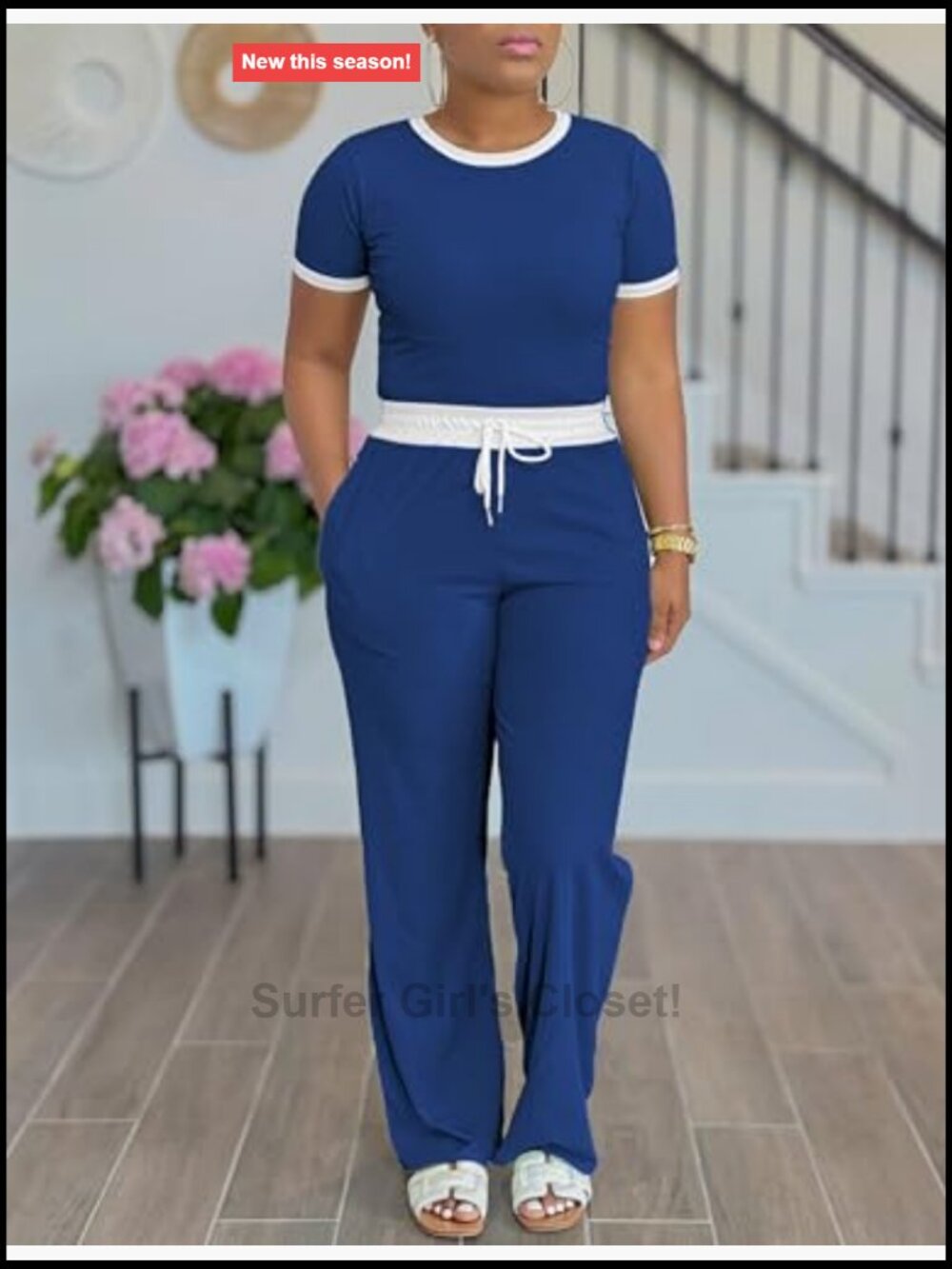 Women's 2 Piece Lounge Set Matching Tracksuit Short Sleeve Wide Leg Pants Ribbed - Picture 2 of 4